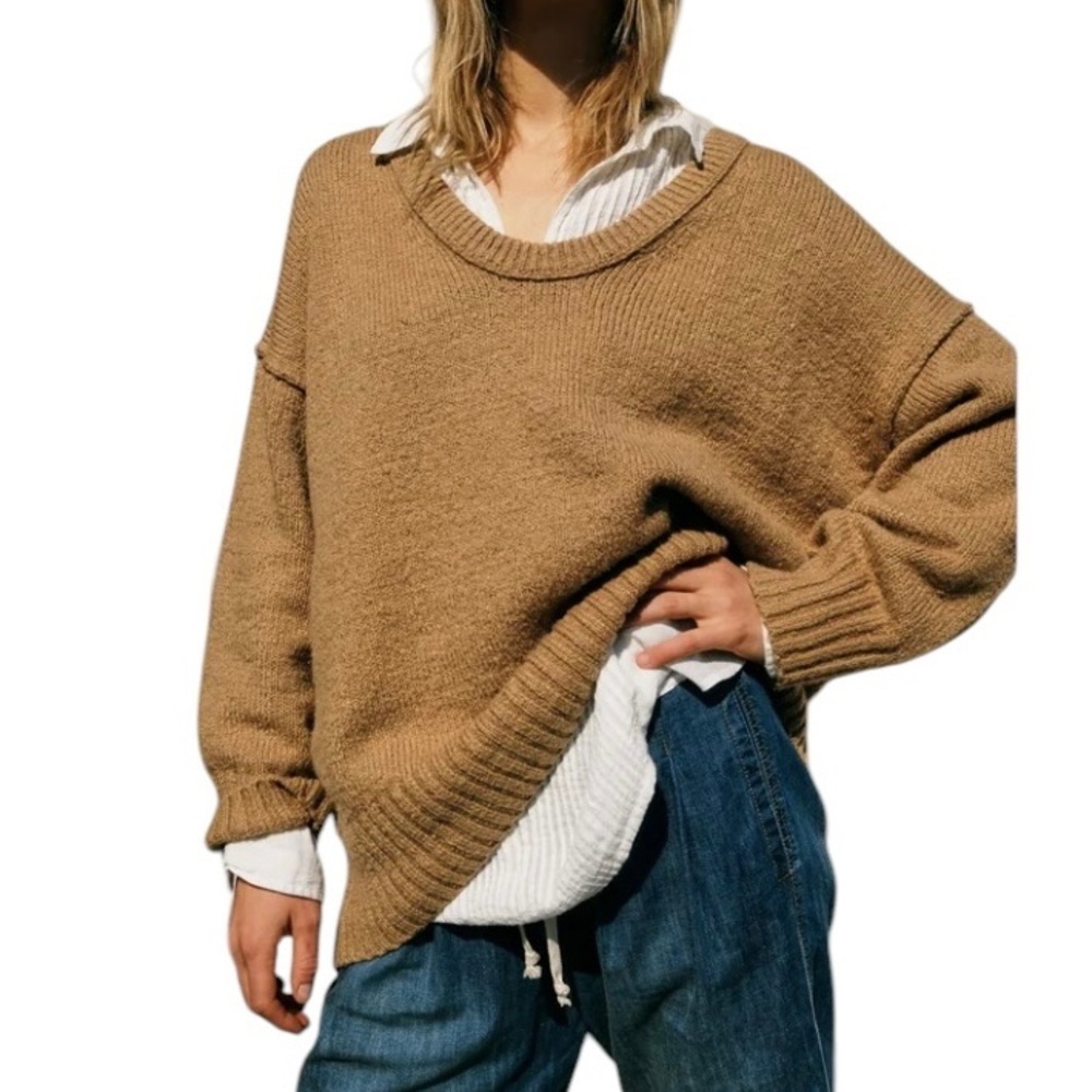 Free People Oversized Sweater Boho Cozy Brookside Slouchy Camel Tan Knit Size M
